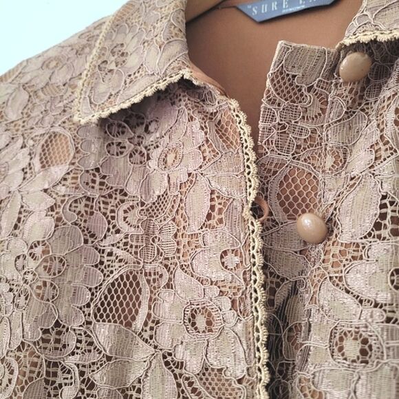 Sure Lady Renown Brown Lace Button Down Blouse Peter Pan Cropped S - Picture 6 of 7